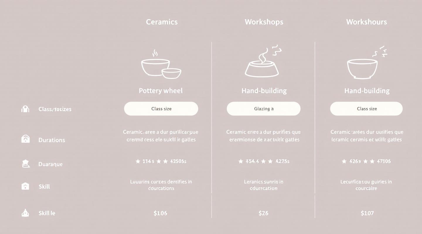 Infographie comparative de plusieurs ateliers de céramique avec critères et icônes côte à côte