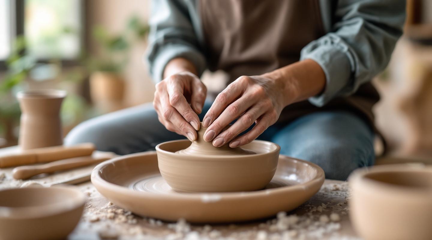 Débutant apprenant la poterie au tour avec un instructeur dans un atelier lumineux