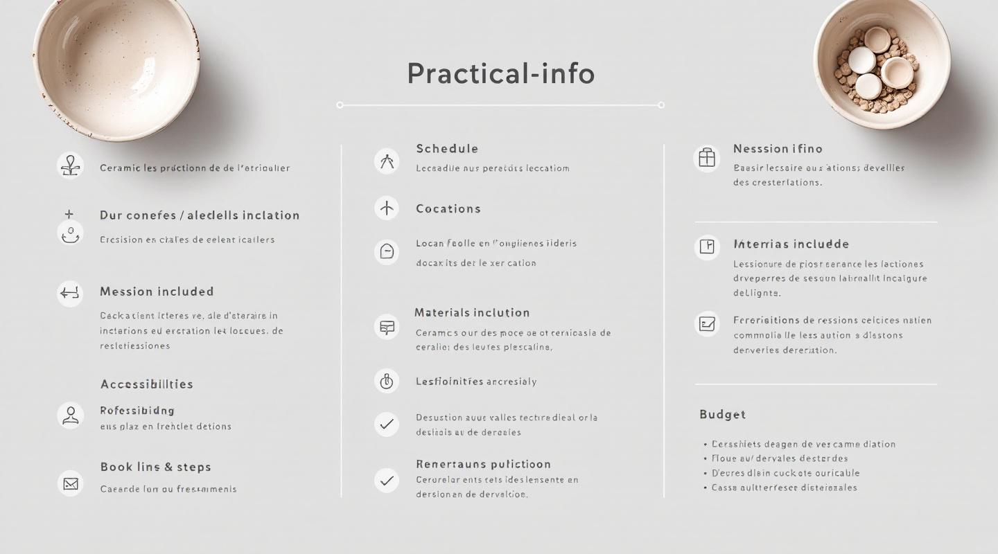 Infographie minimaliste d'informations pratiques avec icônes, checklist, plan stylisé et éléments céramiques