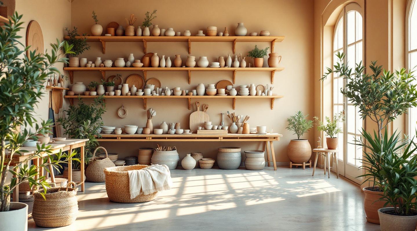 Atelier de poterie lumineux avec tours, céramiques artisanales et oliviers en pots
